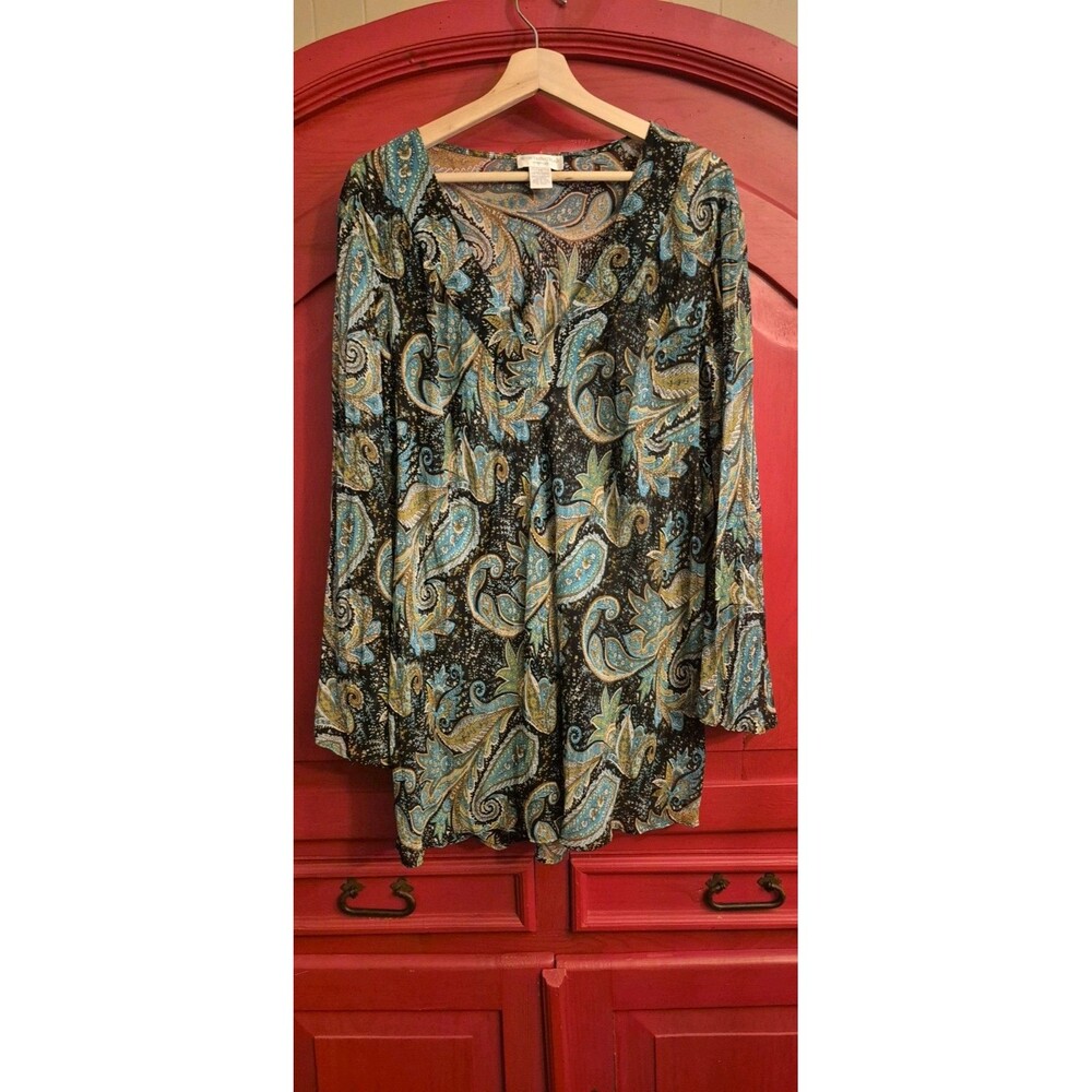 Worthington Woman 2x Tunic Shirt Top Blouse Blue Green Paisley No Wrinkle EUC